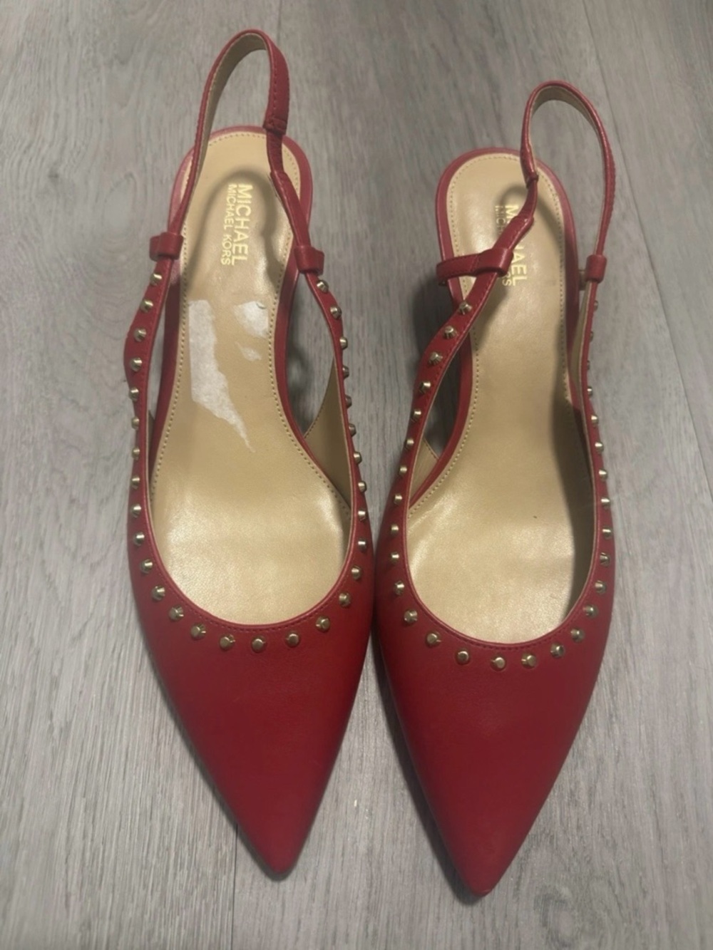 Michael Kors Red Pointed Slingback Flats with Gold Stud Detailing Size 7,5